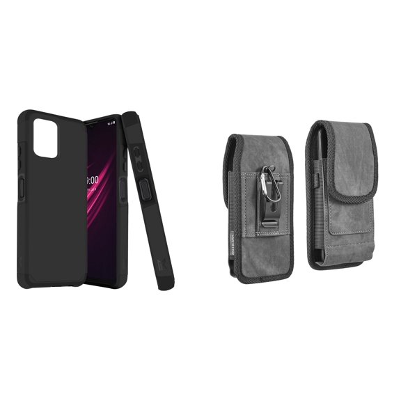 Case and Pouch Bundle for REVVL 6 5G: Dual Layer Slim Case (Black) and Vertical Rugged Denim Nylon Belt Holster