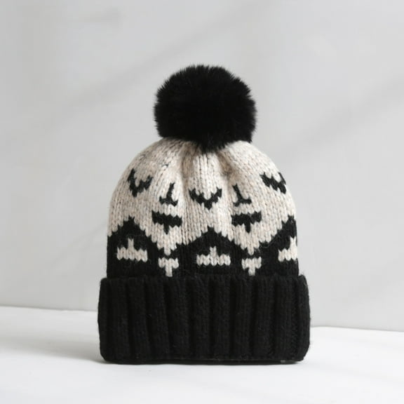 SZX Winter Hats For Men And Women Hair Ball Woolen Hat Women's Eavesless Flanging Autumn And Winter Outdoor Warmth Thick Knitted Hat/Black