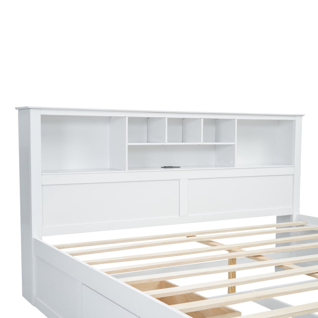 King Size Bed Frame with Storage Headboard, Wooden Platform Bed with USB Charging Station and Drawers, No Box Spring Needed, White
