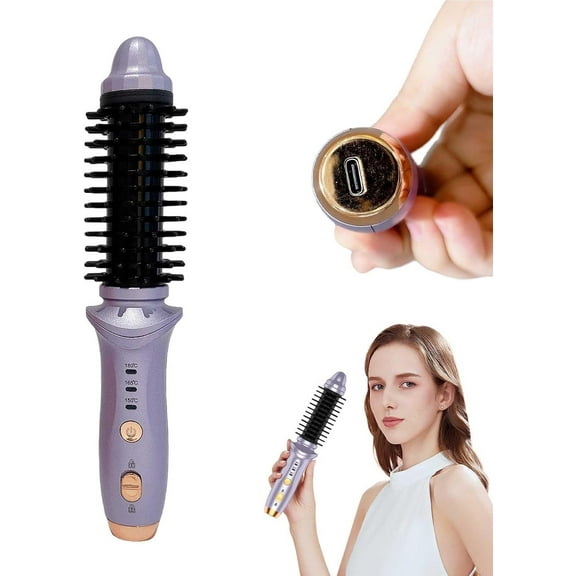 Cordless Heated Round Brush for Short Hair, USB Rechargeable & Travel Size Mini Curling Iron 1.7'' Barrel Portable Straightener Comb Curling Wand Hair Curler 3 Temperature Adjustable, Purple