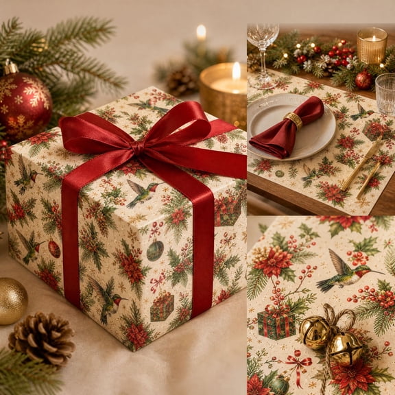 Hummingbird Christmas Wrapping Paper Roll, 74 x 50 cm, Decorative Gift Wrap for Presents, Birthdays, Parties, Crafts and Holiday Packaging