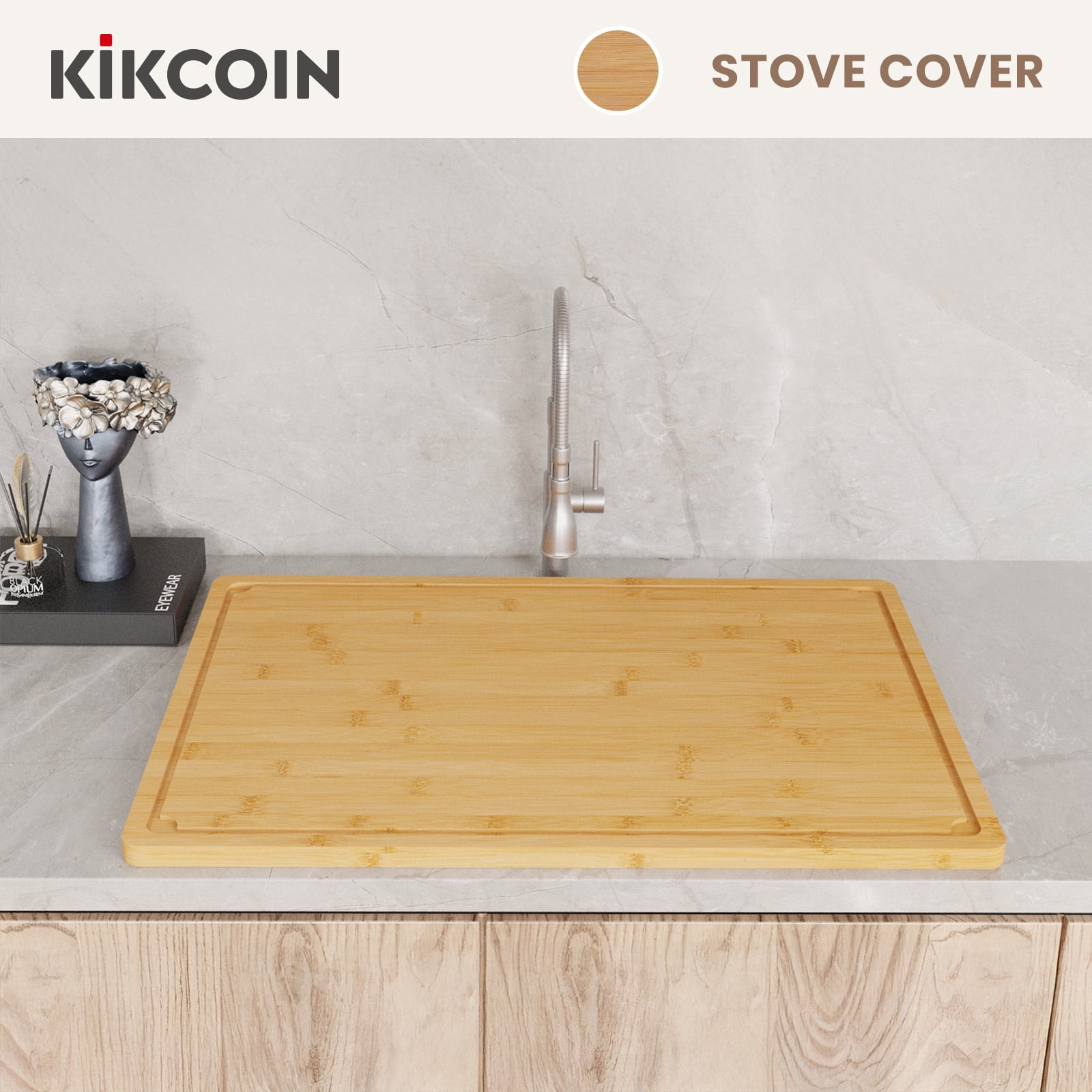 Kikcoin Extra Large Cutting Board, 30-inch Bamboo Stove Top Cover, Noodle Board with Side Handles, Reversible Kitchen Countertop Sink Cover