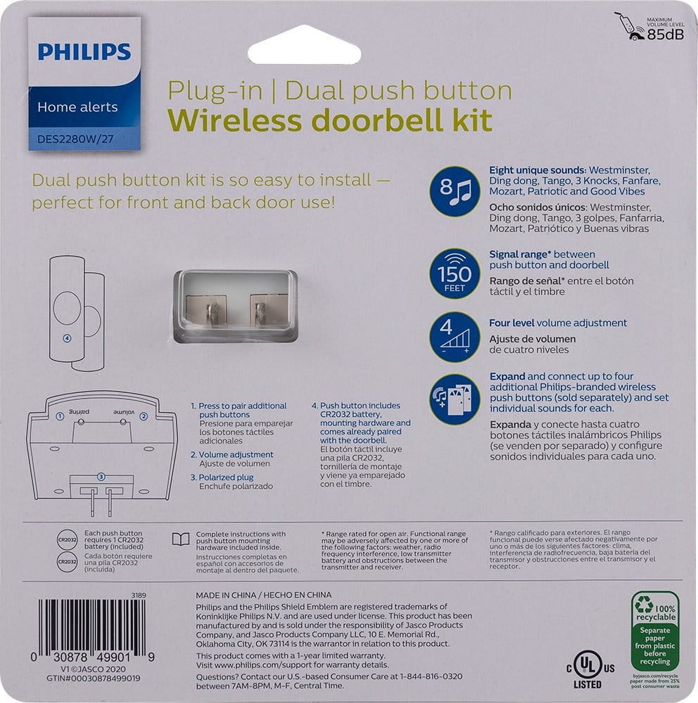 Philips Plug-in 8-Melody Doorbell Kit, 7.3in, White, 2-Push Buttons, DES2280W/27