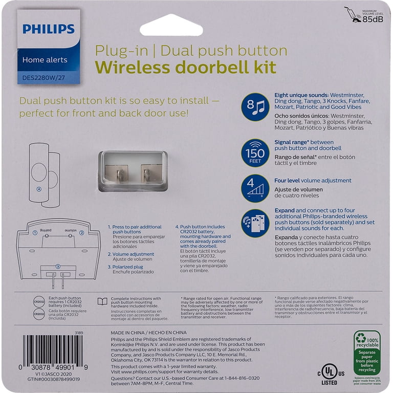 Philips Plug-in 8-Melody Doorbell Kit, 2 Push Buttons, White photo 3
