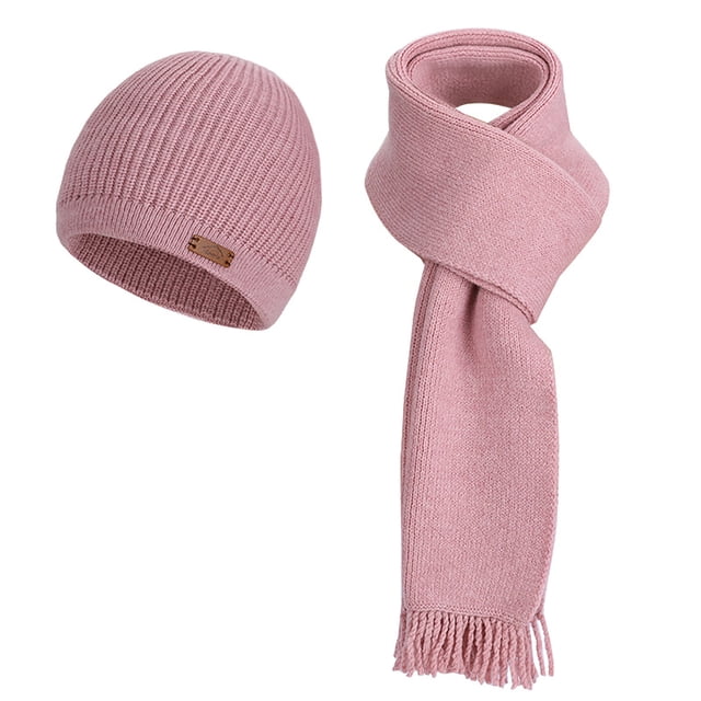 HAiming Women Knit Hat Long Scarf 2PCS Set Solid Color Soft Warm Thick Winter Trendy Caps Ears Protection