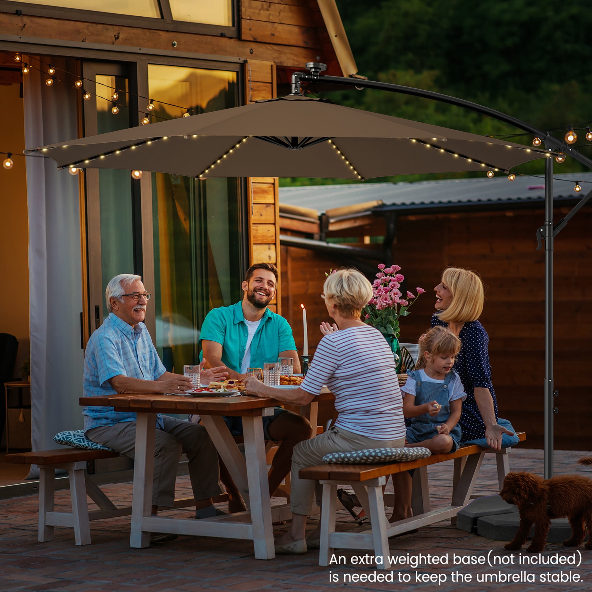 Gymax 10 FT Offset Patio Umbrella Solar Powered Cantilever Umbrella w/ 112 LED Lights Coffee