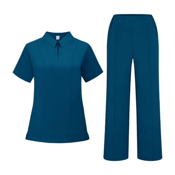 Scrubs For Women Set Short Sleeve Polo Shirt & Vertical Wide Leg Pants Soft Cozyfit Scrubs For Women Blue L