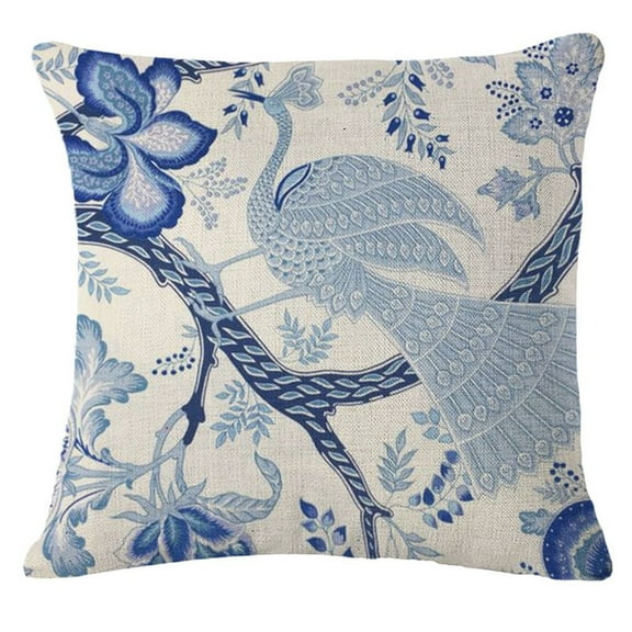 Blue and White Vintage Pattern Throw Pillow Cover, Decorative Chinoiserie Floral Cushion Case Linen Cotton Pillowslip Square Pillowcase for Sofa Couch Bed Living Room, 18x18 Inch