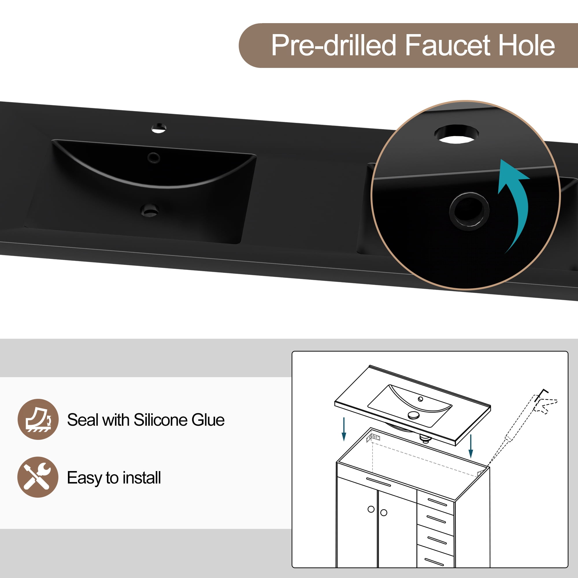Eclife 60 Black Resin Integrated Double Bathroom Sink, Water Saving, Stain Resistant