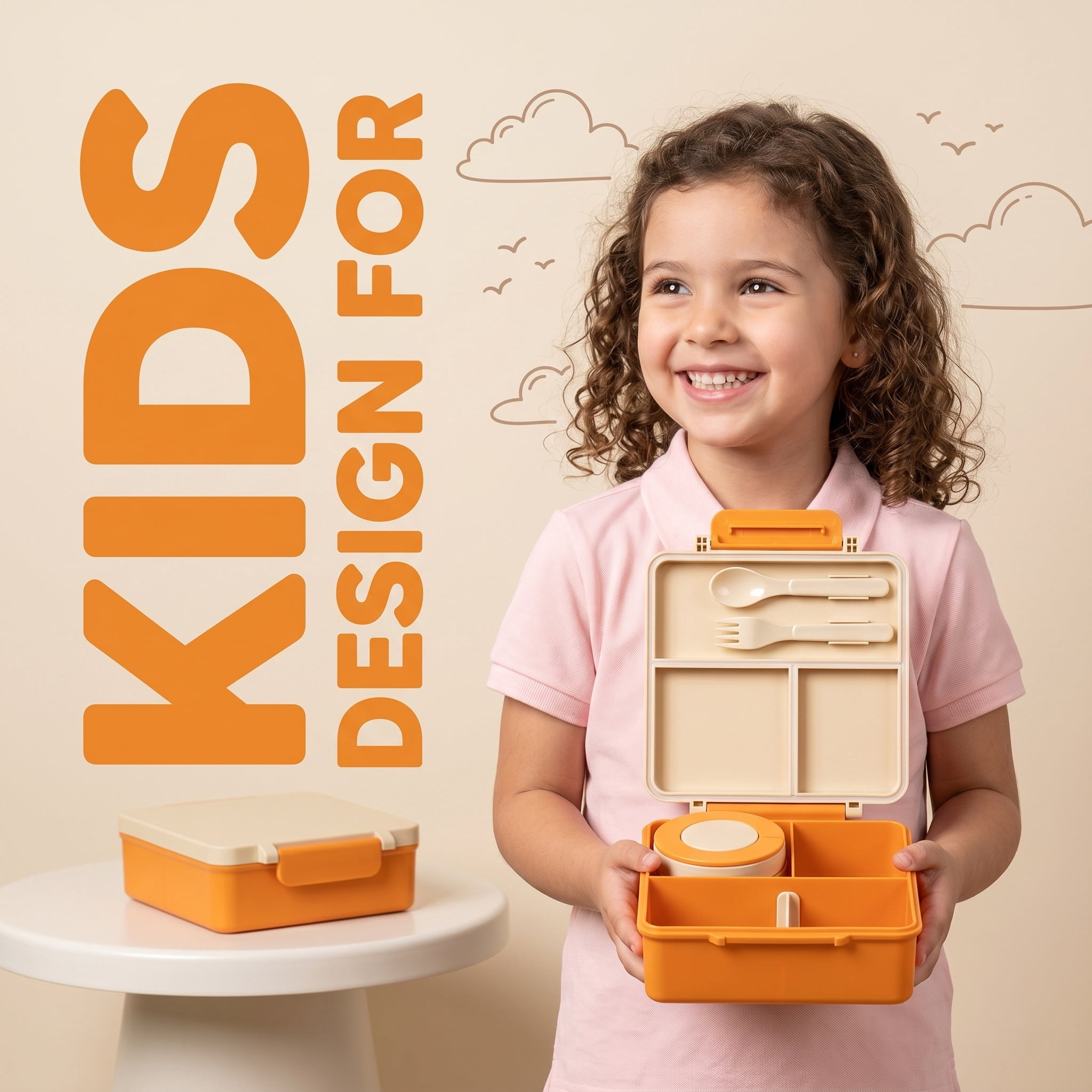 M Buder 1700ML Bento Box for Kids, Leak-Proof Child Lunch Box with 3 or 4 Compartments, 350 ml Insulated Food Jar, Fork, Spoon, Orange