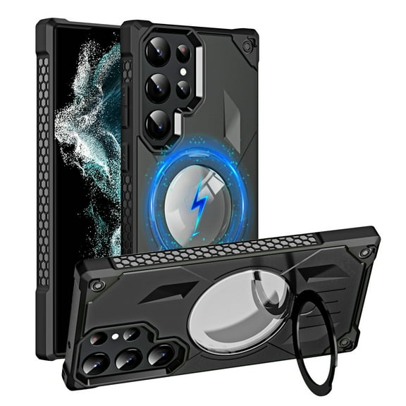 Cover for Samsung Galaxy S22 Ultra, Case with Magnetic Invisible Kickstand，Slim Rugged Shockproof Protective Ring Holder,Compatible with MagSafe Case Cover, black