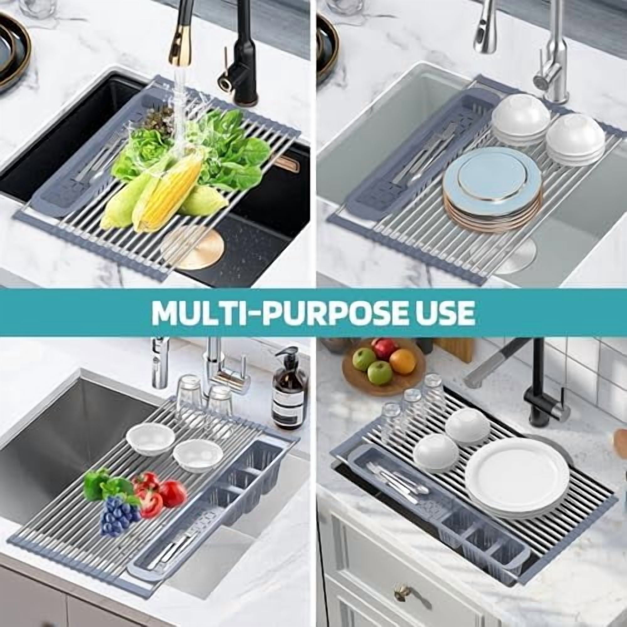 Expandable Roll Up Dish Drying Rack,Over The Sink Drying Rack Sink Kitchen Accessories Rolling up Stainless Steel Drainer, Foldable with Removable Utensil Holder(Gray)