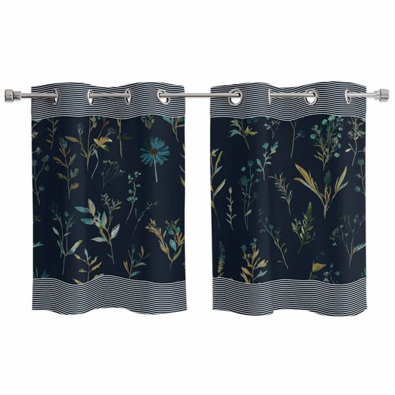 Black Spring Floral Kitchen Curtains Small Short 39 Inch Length, Watercolor Botanical Flower Striped Grommet Bedroom Living Room Curtains, Light Filtering Cafe Curtain Drapes 2 Panels Set 55''x39''