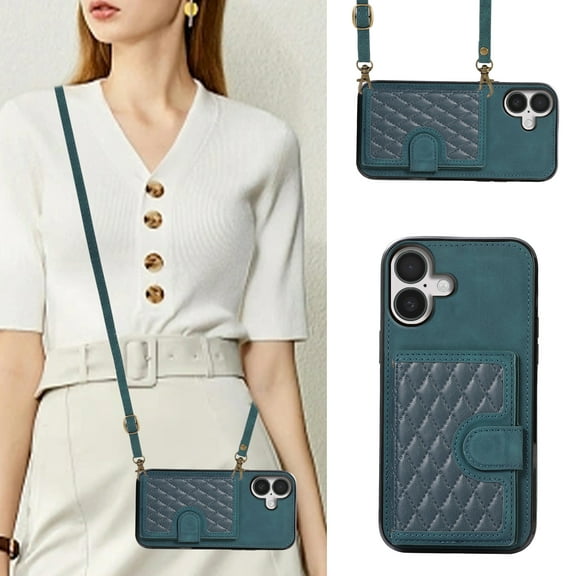 Crossbody Wallet Case For iPhone 16,[RFID Blocking] Credit Card Holder with Should Strap,Premium PU Leather Purse Diamond Patterned Folio Cover For iPhone 16,Green