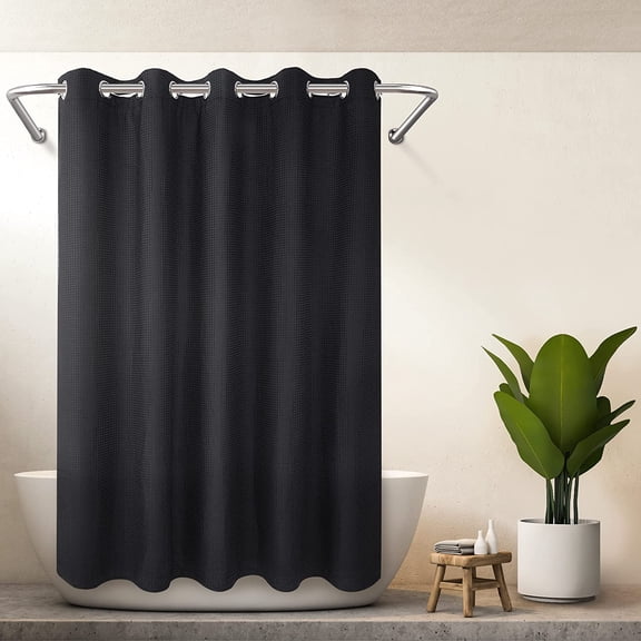 No Hook Cotton Blend Shower Curtain with Snap in Liner, Hotel Grade Shower Curtains for Bathroom, Water Repellent, Black, 71" Wx74 L