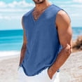 thumbnail image 2 of cllios Mens Linen Shirt Sleeveless V Neck Tshirts Loose Casual Breathable Summer Beach Tank Tops Lightweight Plain Basic Tees Navy XXXL, 2 of 13