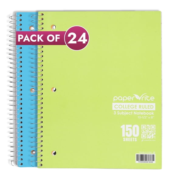 Paper Rite 3 Subject College Ruled Notebook | 150 Sheets | 10.5 x 8.5 in | Pastel Green & Pastel Green | Pack of 24