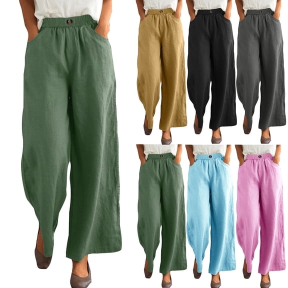 Women's High Waisted Wide Leg Pants Trousers Slacks Elastic Waistband Buttons Casual Linen Pockets Flowy Lightweight Breathable Summer Office Work Travel Lounge Wear | Aestivo,Khaki M