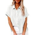 thumbnail image 2 of Summer Polyester Short Sleeve Dress Shirts for Women White Workwear Work New Ladies Loose Blouses Cotton And Linen Lapel Rolled Button Shirt Tee L, 2 of 5