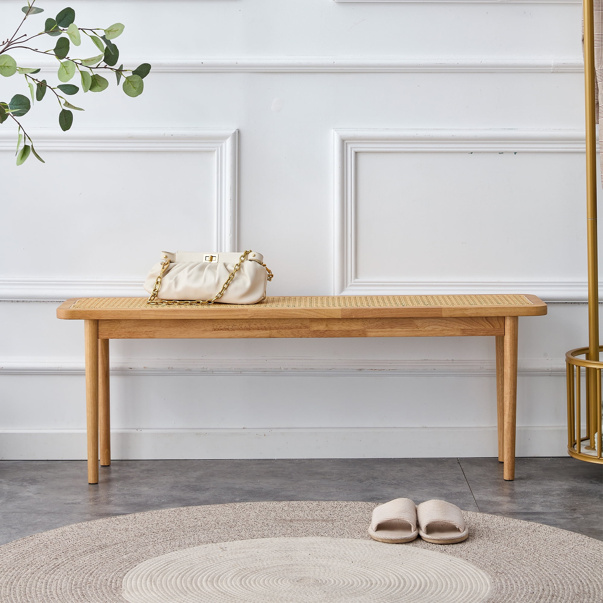 Kadyn Solid Wood Bench, Cane Weaving Shoe Stool for Dining Room, Mid Century Bench for Living Room, Natural Wood Wash Kadyn Solid Wood Bench, Cane Weaving Shoe Stool for Dining Room, Mid Century Bench for Living Room, Natural Wood Wash