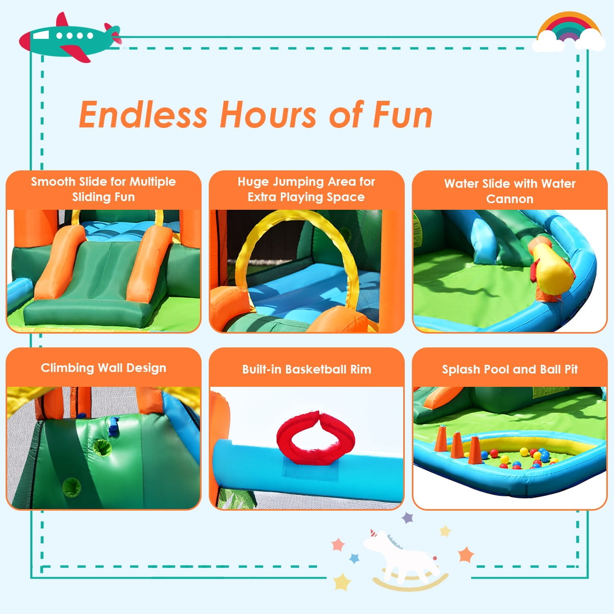 Costway Inflatable Bounce House Kids Water Splash Pool Dual Slide Jumping Castle w/ Bag