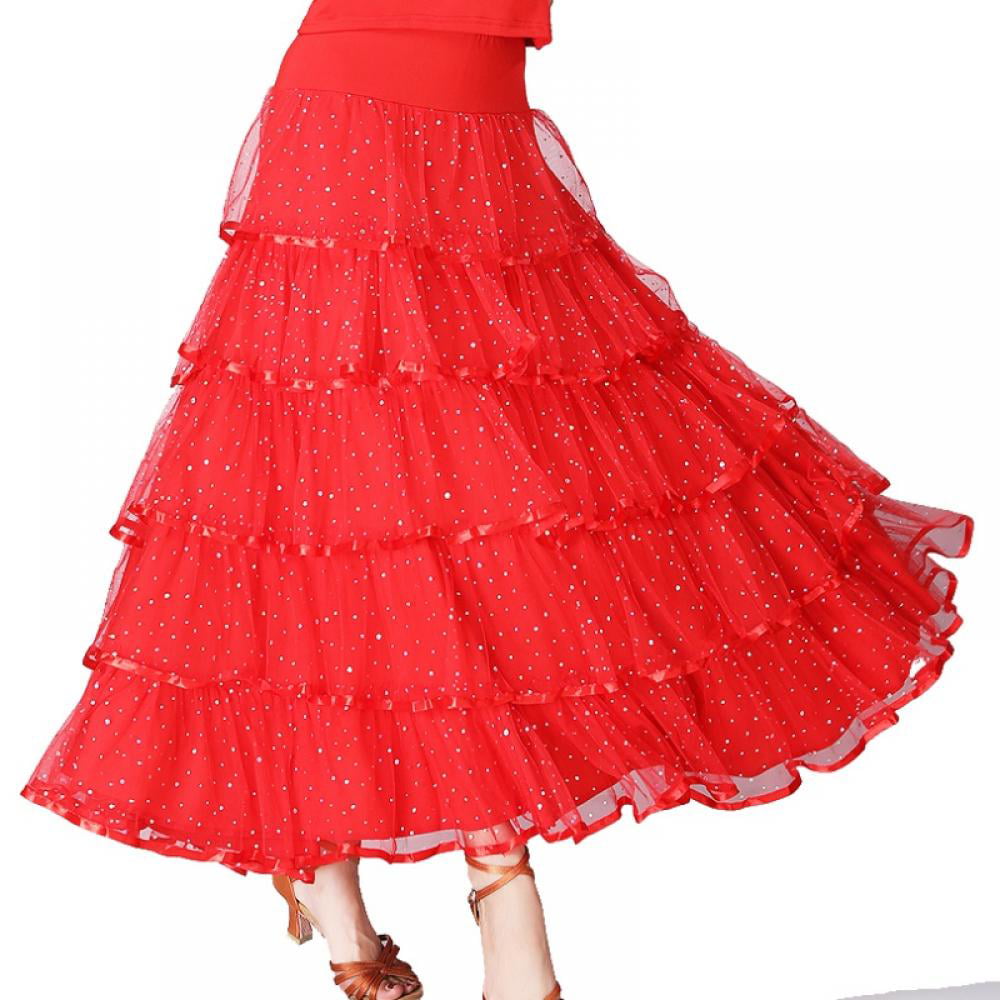 New Women  Waltz Ballroom Tango Dance Dress Dancing Dress Long Mesh Sequin Skirt 