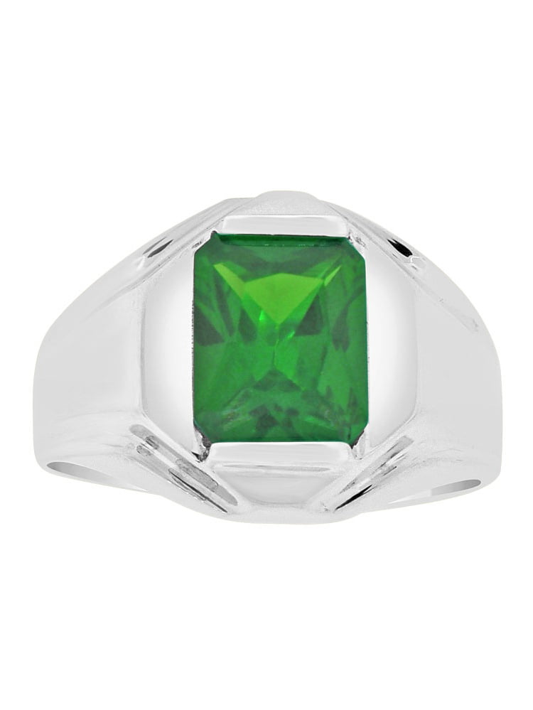 Band Ring Men Guy Gent Synthetic May Birthstone Green CZ White Rhodium Plated Metal