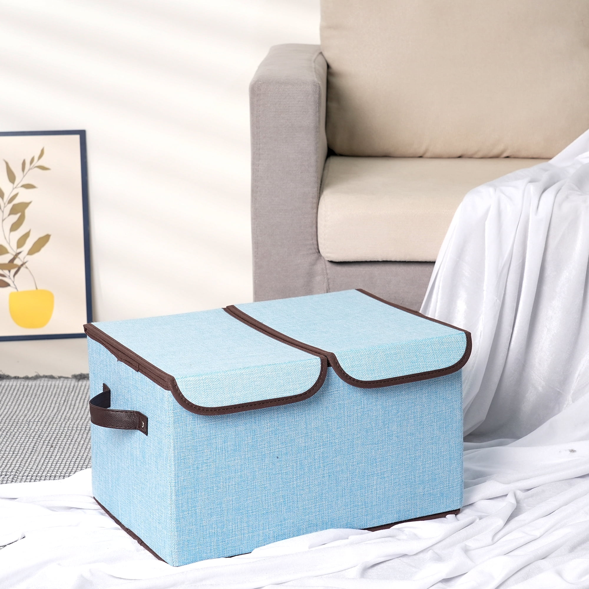 Unique Bargains Fabric Storage Bin Cube with Handle and Lid Collapsible Basket Blue