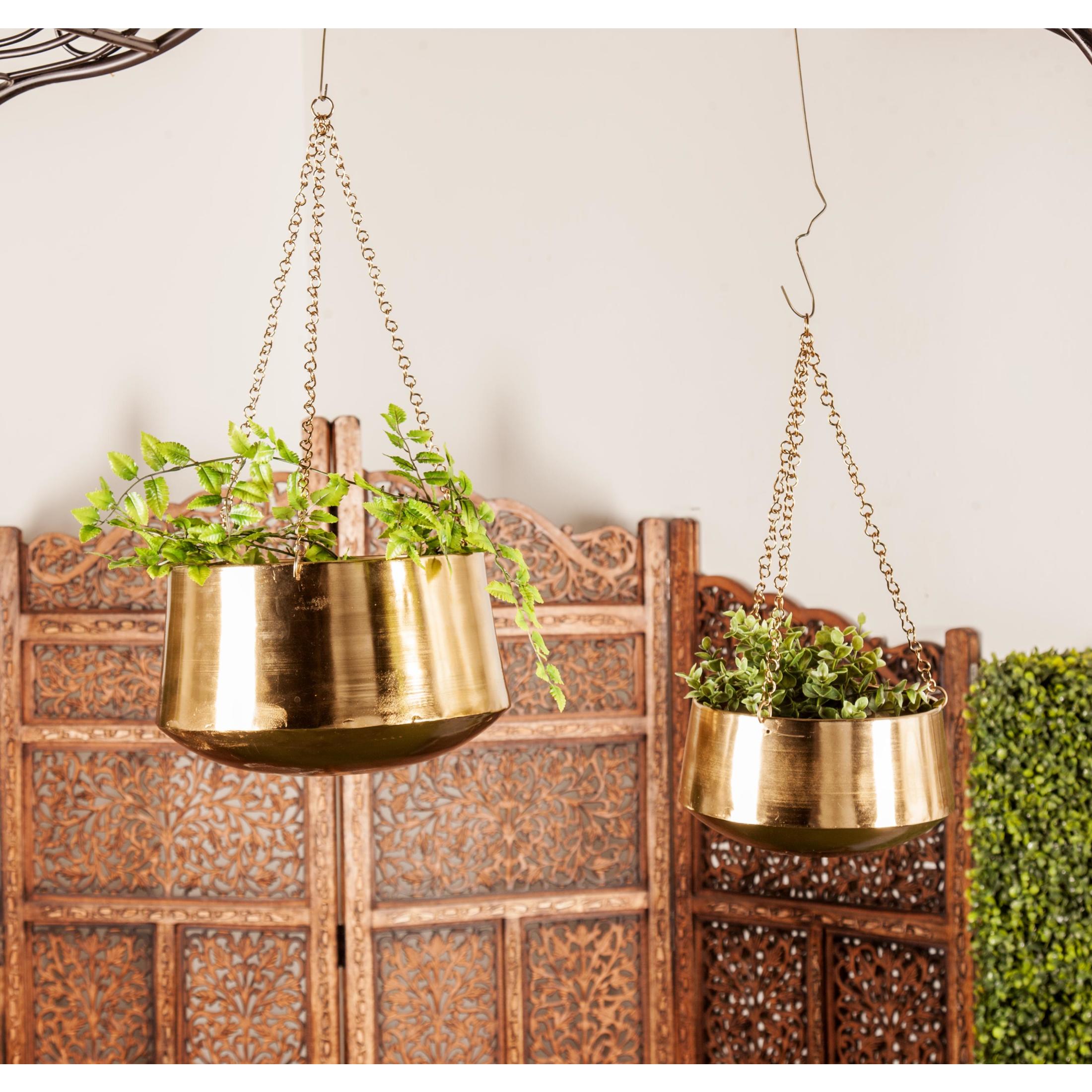 DecMode 5", 7"H Round Gold Metal Hanging Dome Wall Planter with Chain (2 Count)