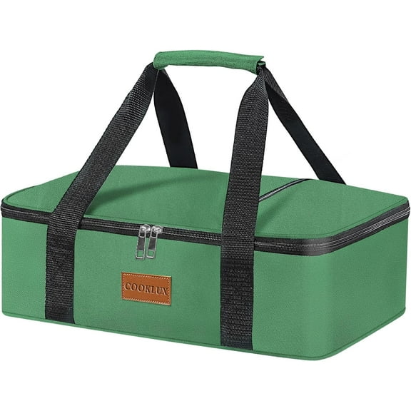 Insulated Casserole Carrier - Insulated Thermal Carry Bag for Hot or Cold Food, 9"X13" Casserole/Baking Dish Carrier for Travel/Party, Durable Nylon, Green, Single Layer with Zip Pockets