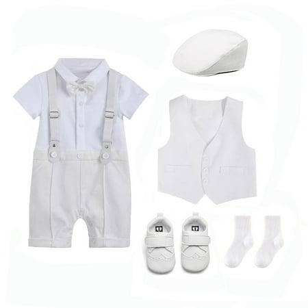 

5 Pcs Baby Boys Baptism Christening Outfit Newborn Gentleman Suit with Romper Waistcoat Vest Shoes Baseball Outfit Wedding Party Formal Suit with Gift Bag/Box