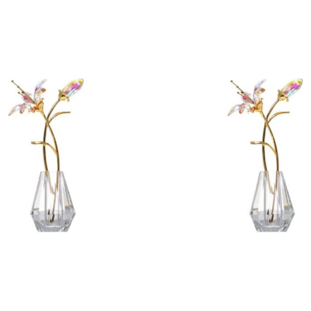 Matsuzay Figurilla de flor de cristal con adorno de tallo de plata/metal, jarrón de cristal, ramos de escritorio para el hogar, día de la Vistoso 2Conjunto