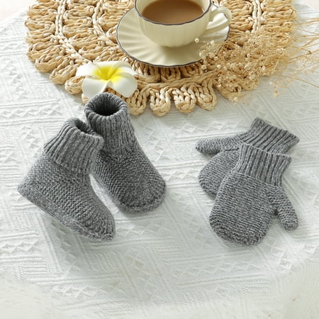 Baby Shoes + Gloves Set Knit Newborn Girls Boys Boots Mitten Fashion Solid Toddler Infant Slip-On Bed Shoes Hand Made