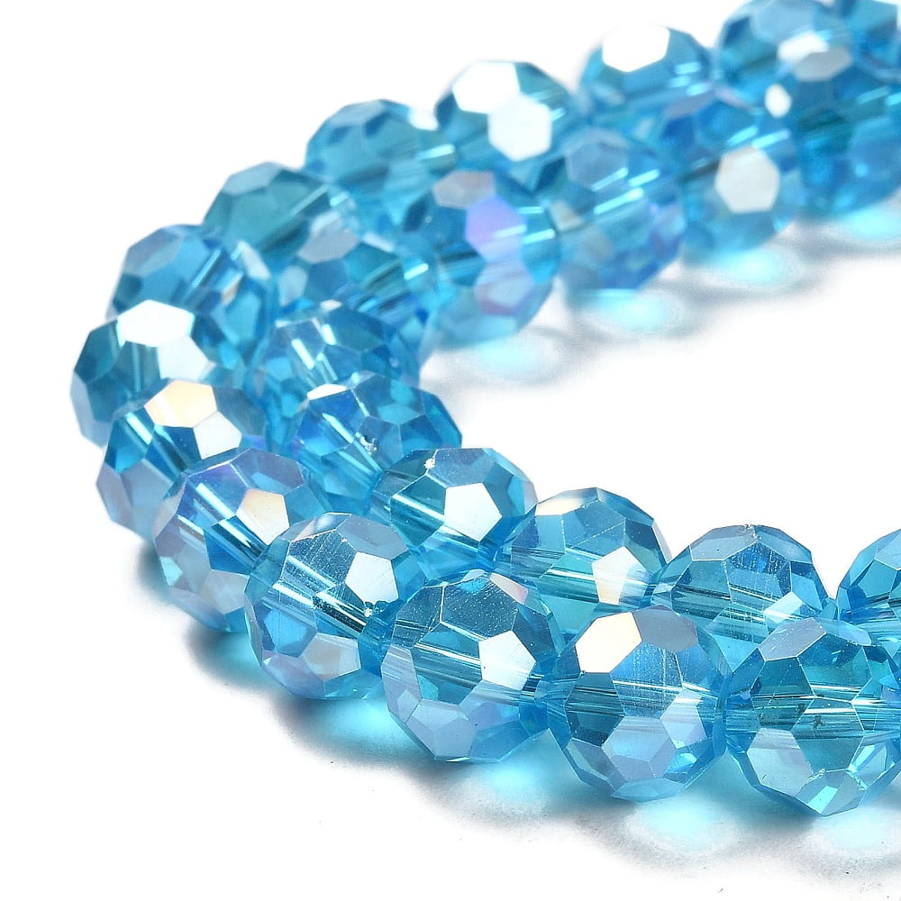 Transparent Glass Beads 32 Facets AB Color Plated Round Deep Sky Blue 10x8.5~9mm Hole: 1.6mm about 67pcs/strand 23.62''(60cm)