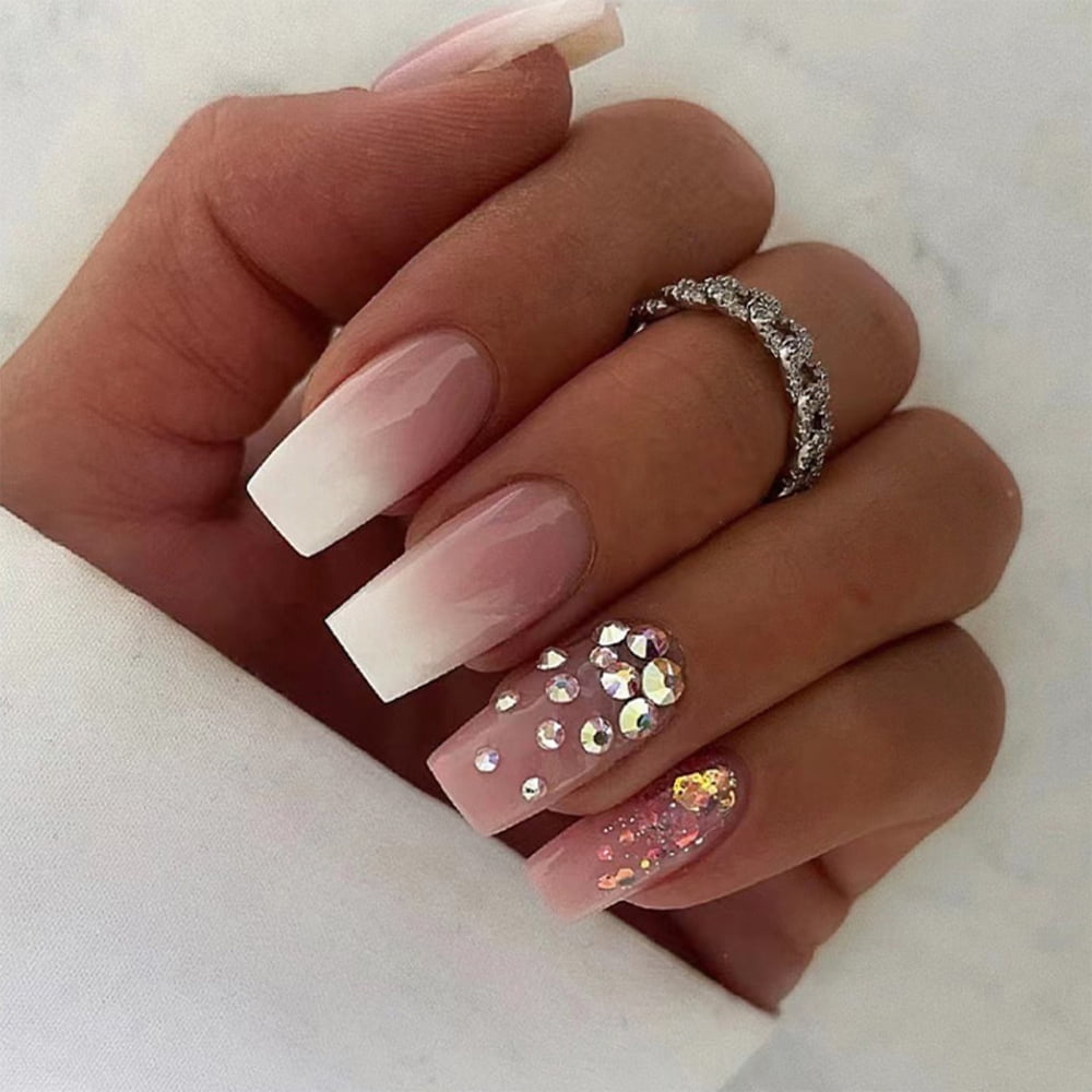 Pink & White Gradient Fake Nails Plastic Nails Glossy Glue On Fake