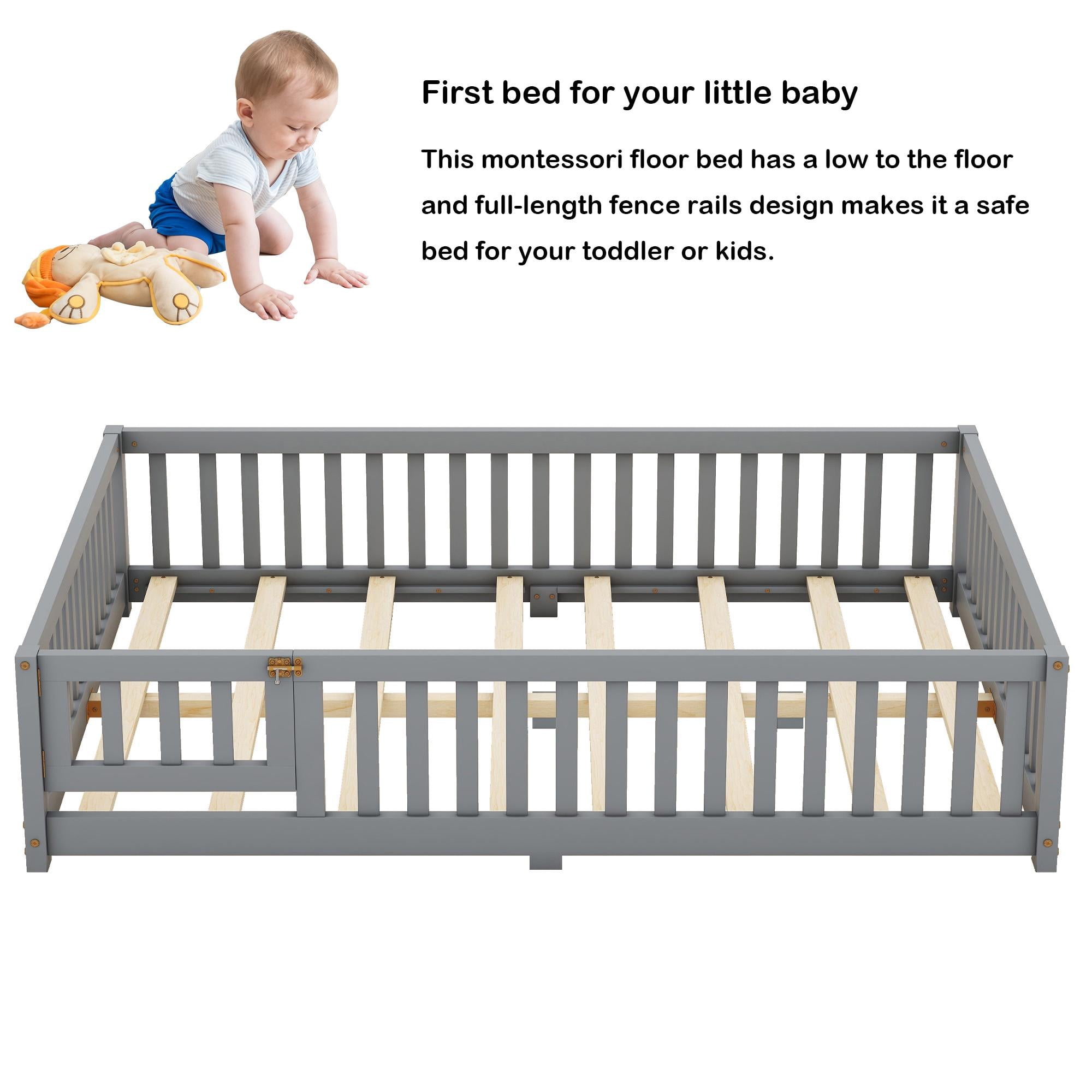 Bellemave Full Size Bed Floor Bed with Safety Guardrails and Door, loor Bed with Bed Slats Sturdy Wood Floor Bed Montessori Bed Frame, Gray