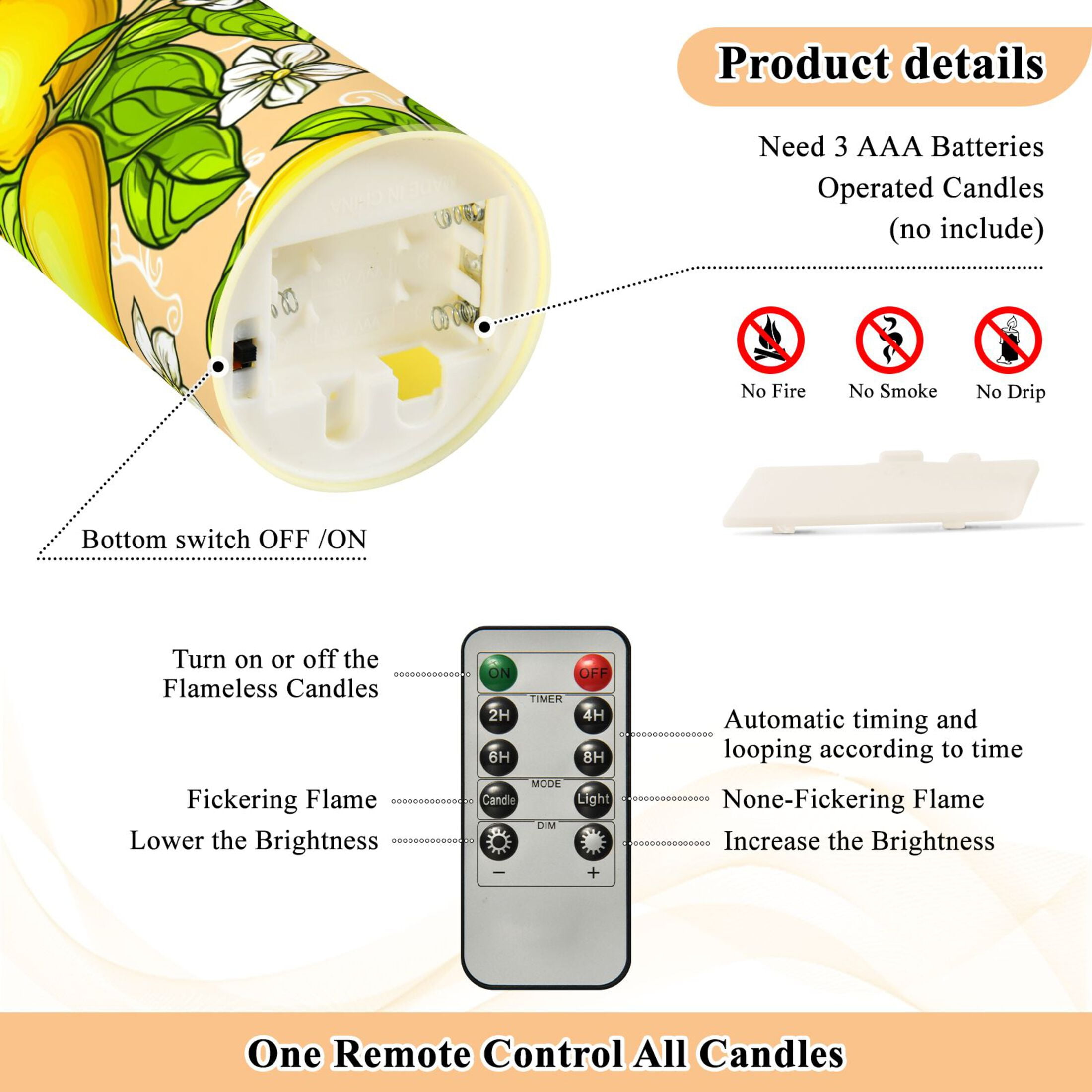 Lemon Blossoms Flameless Candles 2 PCS with Remote Realistic Moving Flame LED Tapered Pillar Set for Home Decor