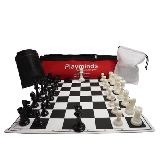 Chess Board 20'' X 20'' Tournament Chess Vinyl Foldable Chess Game With Solid Plastic Pieces (With Two Extra Queens Pouch For Mat Bag) For Professional Chess Players - Black & White Mat
