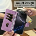 thumbnail image 4 of Allytechgroup Case for iPhone 16 Pro Max, Flip Stand Embossed PU Leather Wallet Cover with Cash Pockets/ Credit Card Slots/ Wrist Strap Lanyard/Magnetic Clasp Kickstand Soft TPU Back Shell, Purple, 4 of 14