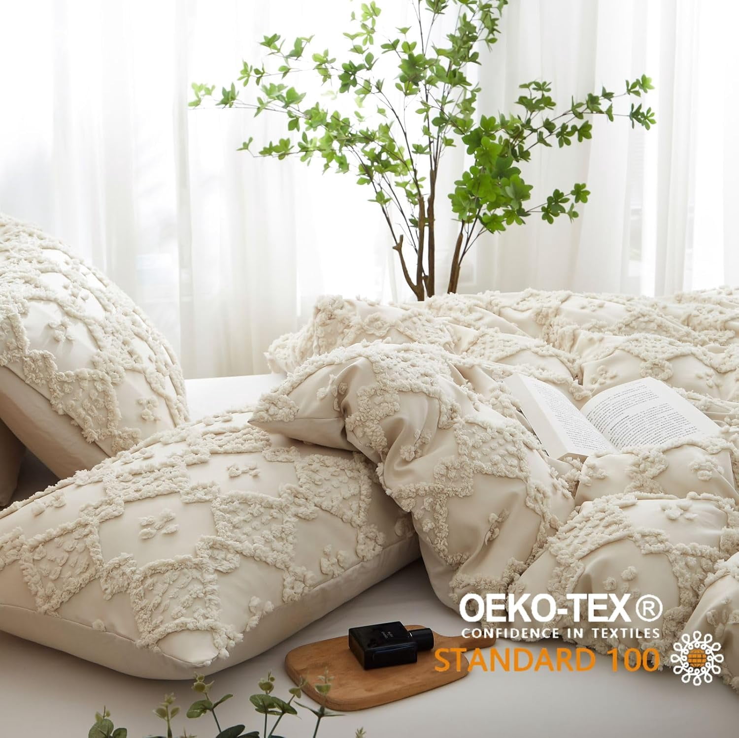 JOLUSERE Beige Tufted Duvet Cover Queen Set, 3 Pieces Boho Ultra Soft Particles Embroidery Bedding Set for All Season