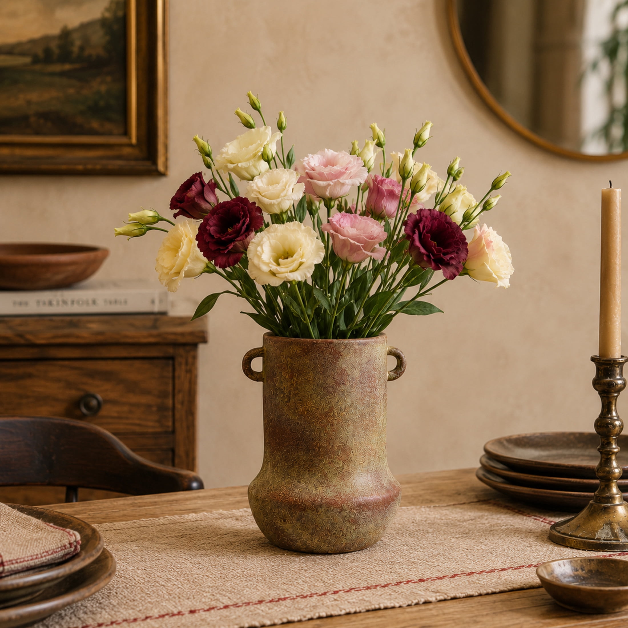 DecMode 10" Antique Style Textured Red Ceramic Vase with Yellow Shadings and Handles