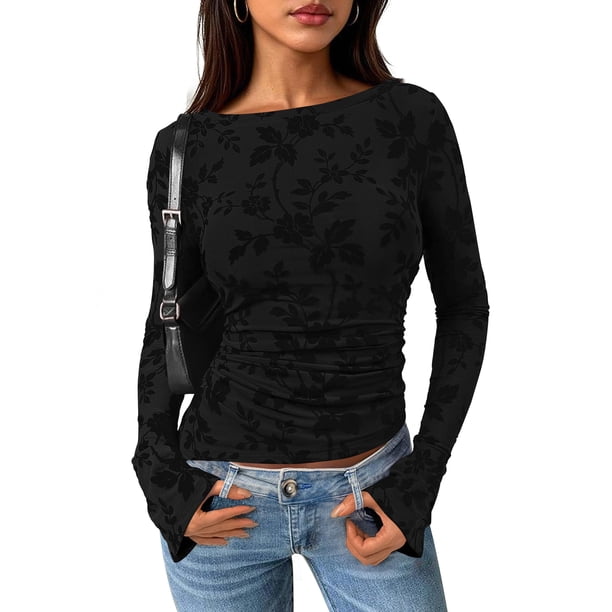 Blusa para Mujer PRETTYGARDEN Manga Larga Malla Floral Negra XXL