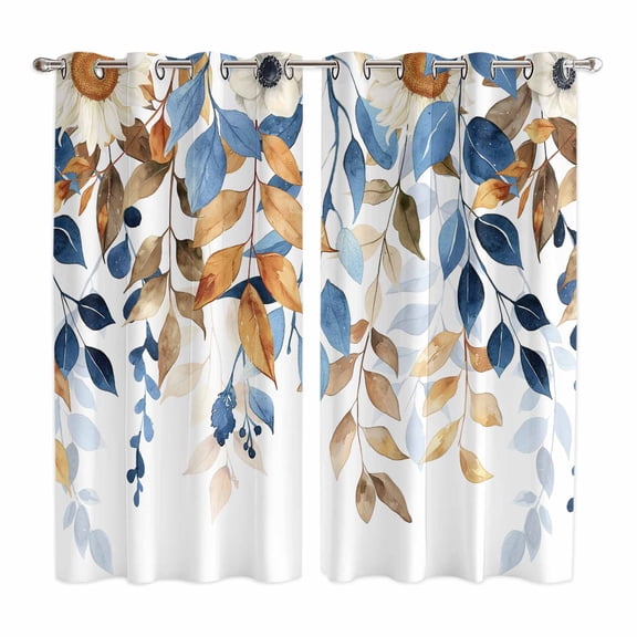 Orange Blue Botanical Kitchen Curtains 84 Inch Length, Weeping Fall Eucalyptus Leaves Grommet Top Bedroom Living Room Curtains, Light Filtering Cafe Curtain Drapes 2 Panels Set 104''x84''