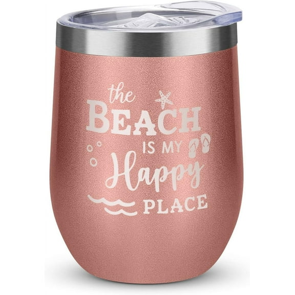 Beach Gifts for Women-Beach Insulated Tumbler with Lid and Straw,Beach Themed Gifts Ideas- Beach Is My Happy Place Wine Tumbler,Ocean Theme Gifts for A Beach Lovers,12 Oz Beach cup Rose Gold