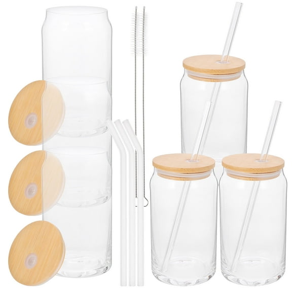 WHAMVOX 1 Set of Can Shaped Glass Cups Drinking Bottles with Straw Lid Clear Glass Cups Juice Drinking Cups