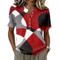 thumbnail image 3 of Abstract Geometric Print Henley Blouse for Women - Short Sleeve V-Neck Button Down Tunic, Casual Loose Fit Summer Top Wine XXL, 3 of 9