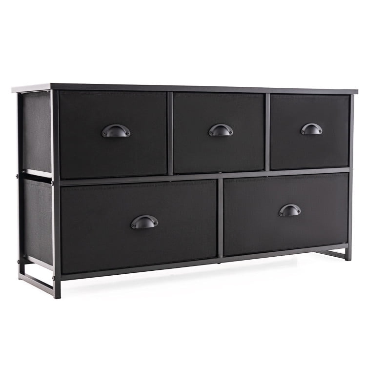 Kadyn Wide Chest of Drawers Dresser for Bedroom, 5 Drawers Dresser Storage Tower with 5 Foldable Cloth Storage Cubes, Black