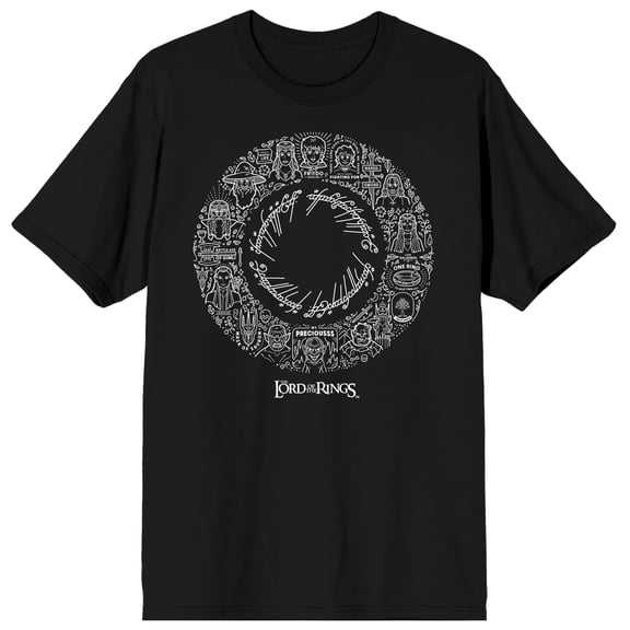 Lord Of The Rings Character Doodles In A Circle Men's Black Crew Neck Short Sleeve Tee