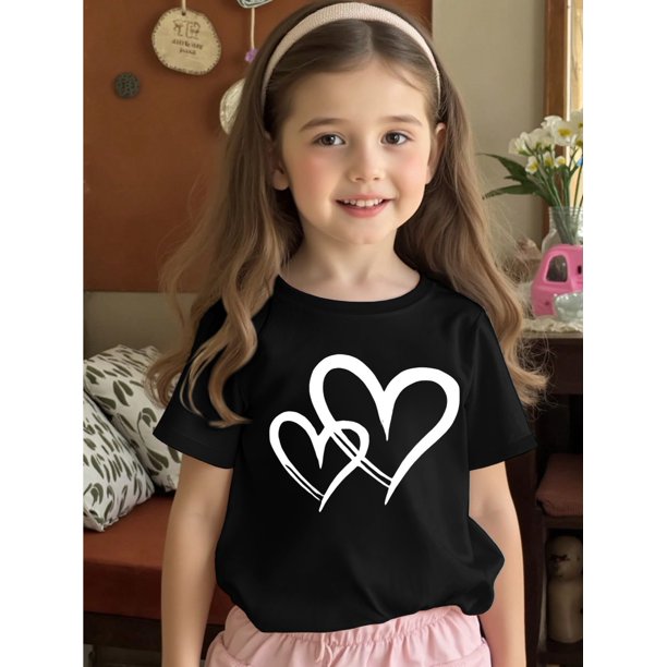 Girls' Heart Print T-Shirt - Soft & Comfy 100% Cotton Round Neck Tee for Youngsters, Casual Short Sleeve Summer Top with Stylish Heart Design, Perfect for Ages 12 & Under, Playful Youngsters