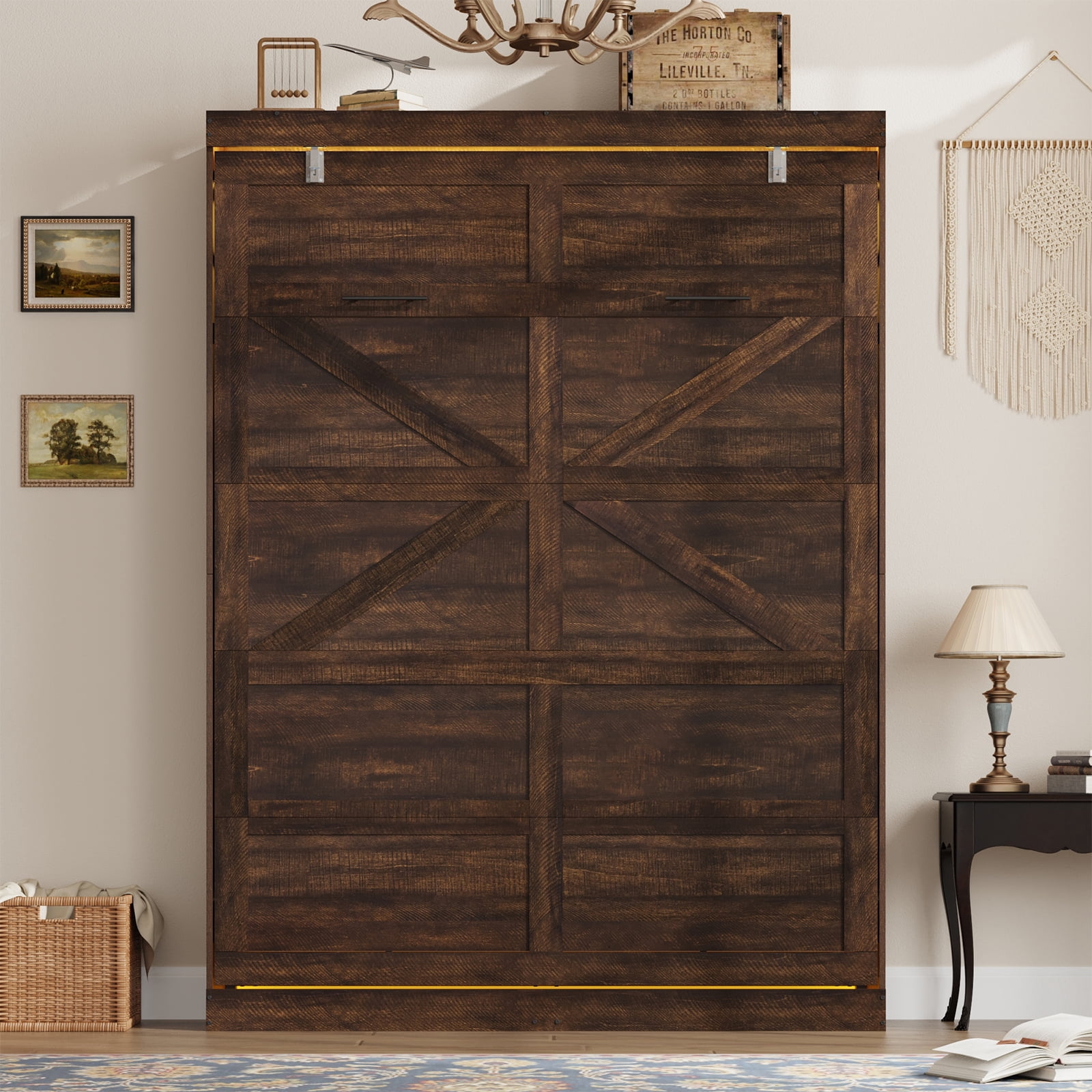 ChVans Queen Size Murphy Wall Bed with 2 LED Lights, Farmhouse Wood Space-Saving Hidden Folding Bed Chest, Multifunctional Storage Cabinet Bed with Gas Struts for Bedroom, Guest Room, Office
